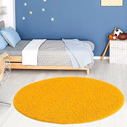 THE RUGS Yellow Plain High Pile Shaggy Round Rug, Diameter: 120 cm