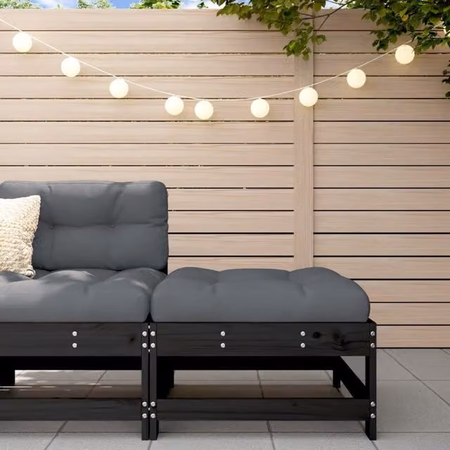 Berkfield Home Garden Rustic Pine Footstool with Cushion in Black