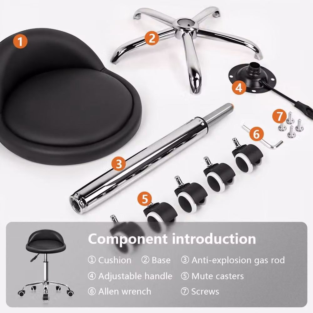 KKTONER Comfortable Black PU Leather Round Rolling Stool with Back Rest and 360 Degree Swivel – 6