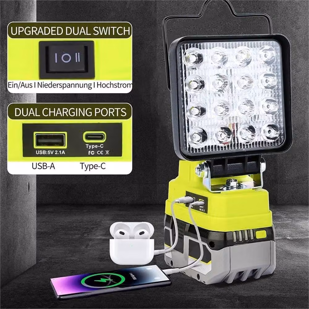 Nordara Yellow LED Work Light for Ryobi 18V Battery with Adjustable Brightness and USB Ports – 5