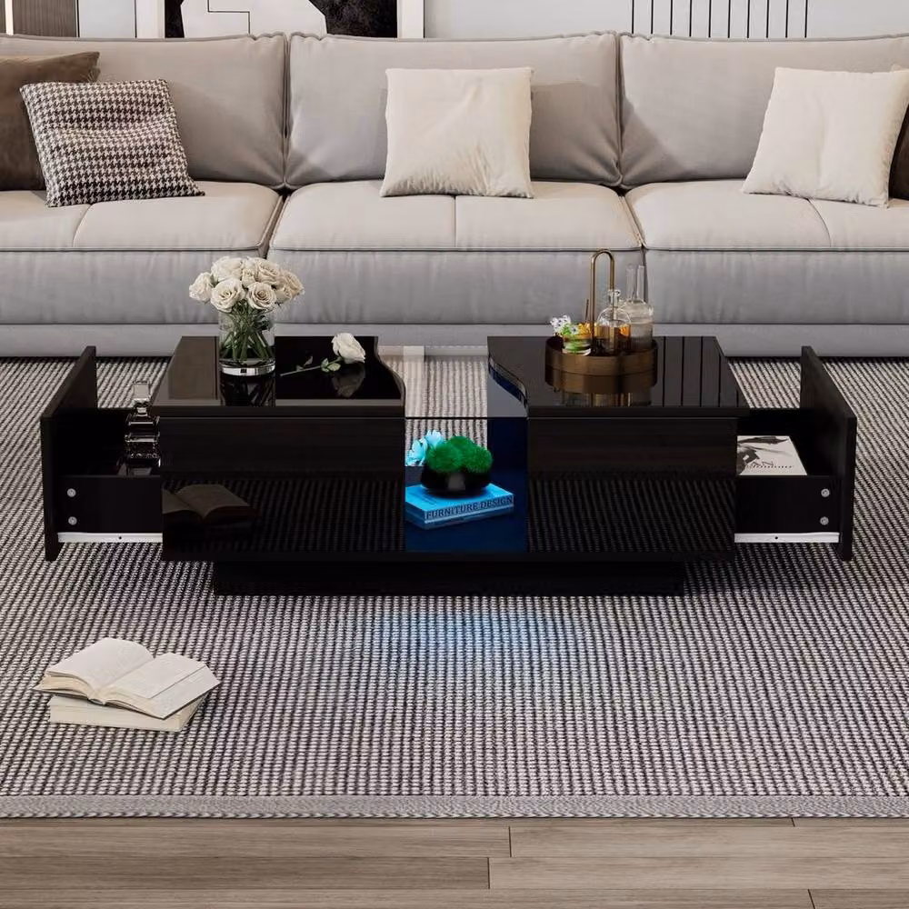 PAWNORA Black Glossy Modern Coffee Table with 2 Drawers and Rotating Top – 5