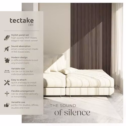 tectake Set of 4 Acoustic Wall Panels with Real Wood Veneer and MDF, Grey, W: 120 cm, D: 60 cm, H: 2.1 cm – 2