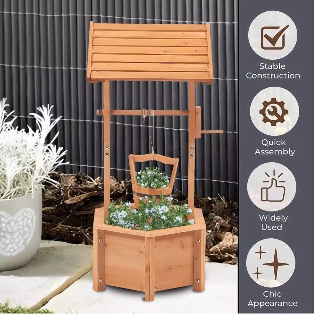 FLAVORA Rustic Wooden Wishing Well Planter in Brown, H 95.5 x W 43.0 x D 43.0 cm – 4