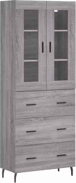 Berkfield Home Grey Sonoma Highboard with Glass Doors and Drawers, H 180 x W 69.5 x D 34 cm