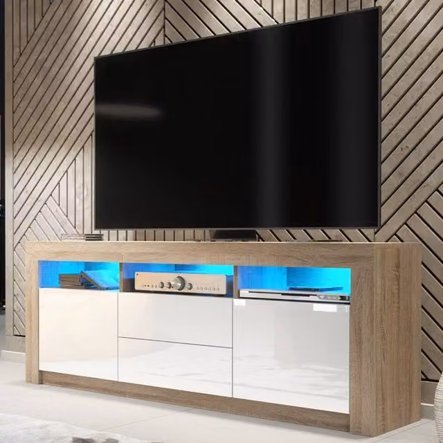 Mex Furniture LTD Shine TV Unit in Oak and White Gloss with LED Lights, W: 160 cm, H: 60 cm, D: 35 cm