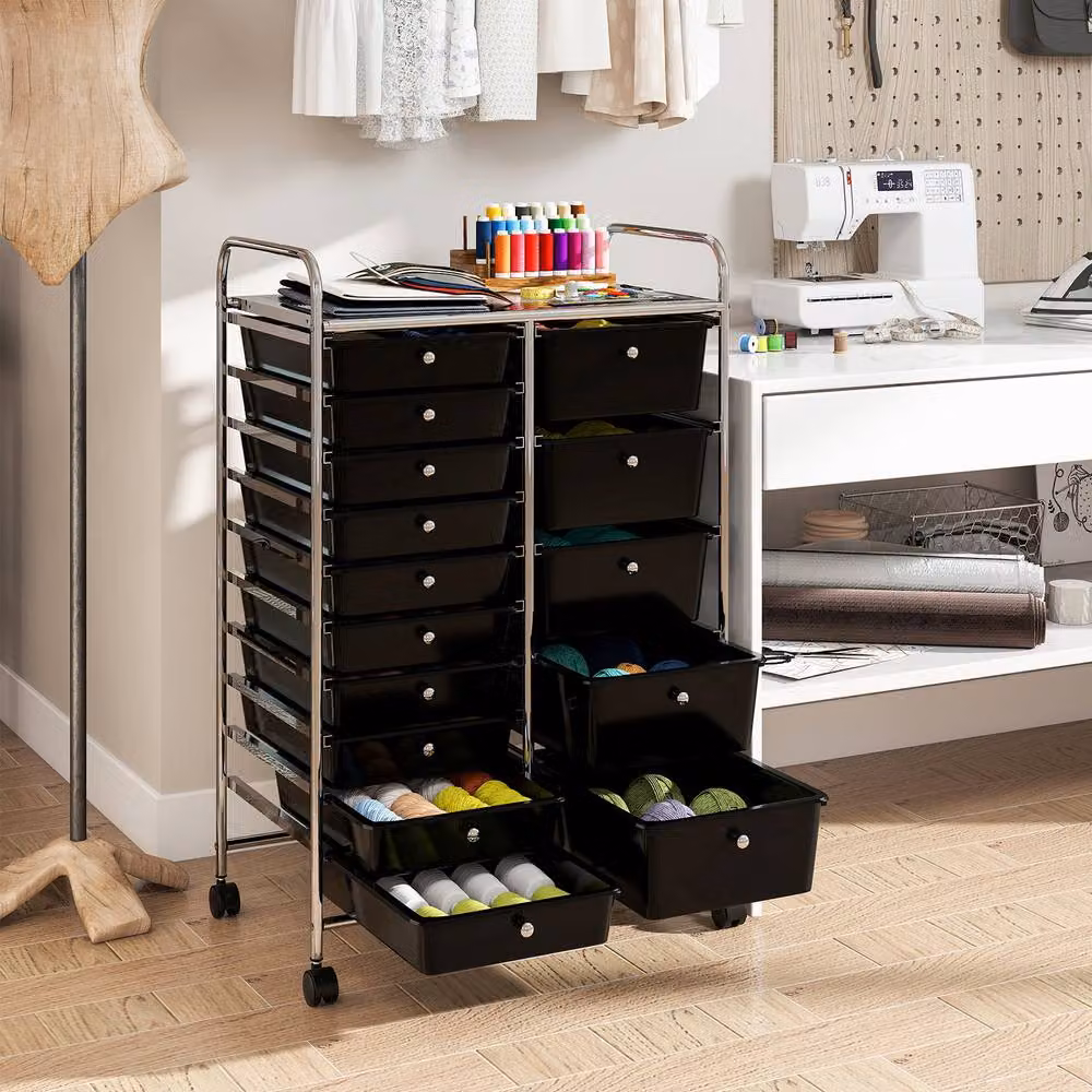 Gymax Art Craft Organizer Rolling Utility Cart with 15 Drawers in Black – 4