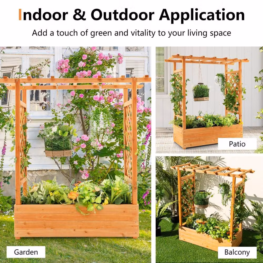 Gymax Raised Garden Bed with Arch Trellis Planter Box and Hanging Roof in Brown – 5