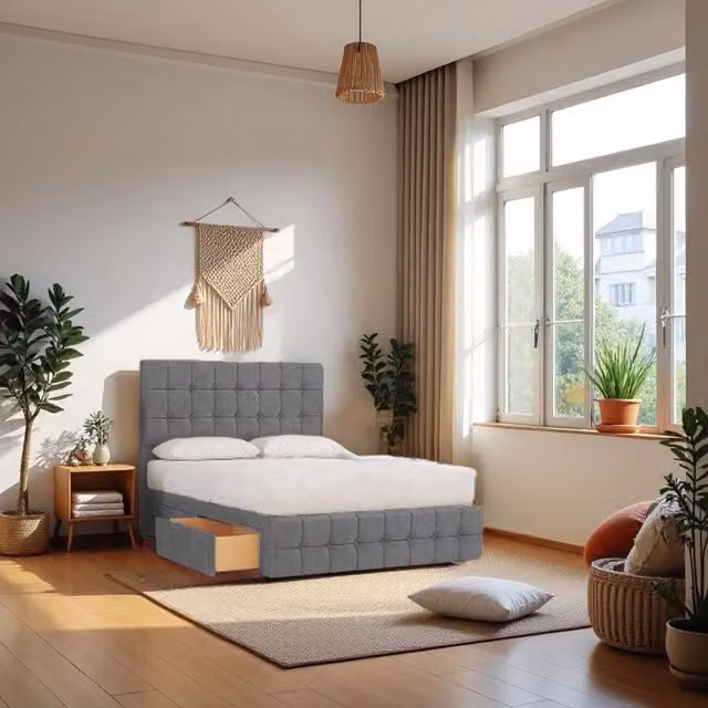 Knight Sleep Munic Plush Bed Set with Hybrid Mattress, 2 Drawers and Headboard in Grey, W/D/H: 80 x 190 x 76.2 cm