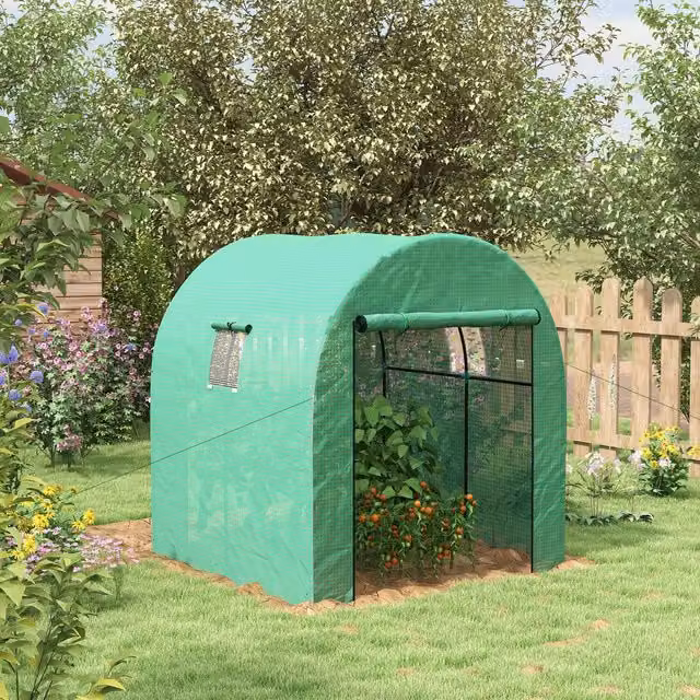 Outsunny Green Polytunnel Greenhouse with Doors and Mesh Windows