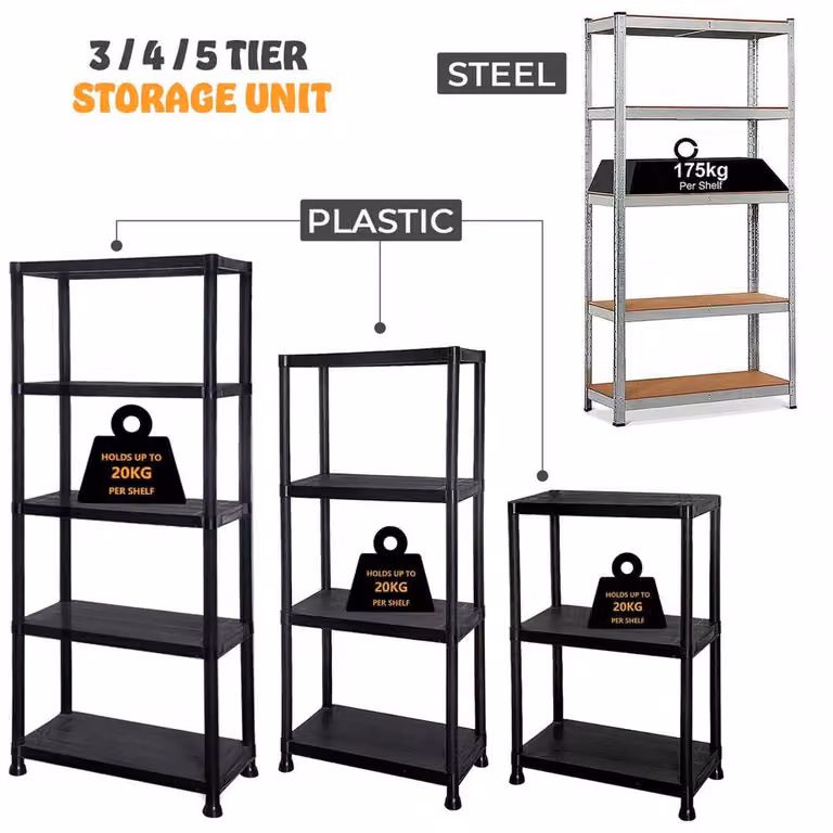 FLAVORA 5 Tier Heavy Duty Plastic Garage Storage Shelving Unit in Black