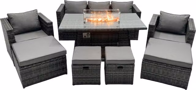 Fimous 9 Seater Rattan Garden Furniture Firepit Dining Set with Lounge Sofa, Table and 2 Footstools in Dark Grey
