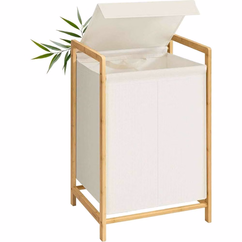 The Bazaarist 2 Compartment Bamboo Laundry Hamper with Lid and Removable Bags in White and Beige – 2