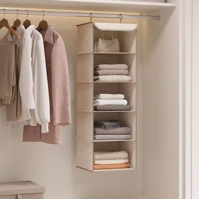 SONGMICS Vertical Closet Organizer Hanging Storage Collapsible Shelves in Light Brown