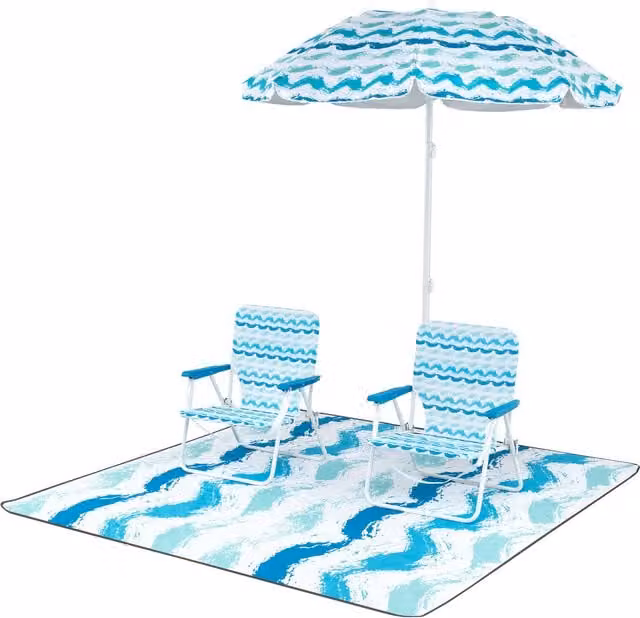 COSTWAY 4 Piece Beach Parasol and Chair Mat Set in Blue Maritime
