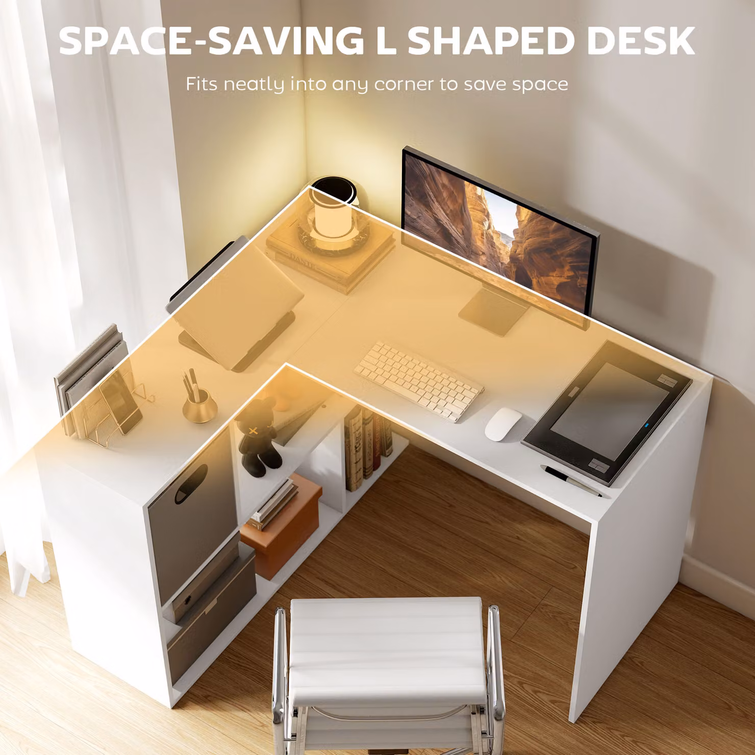 HOMCOM L Shaped Reversible Corner Computer Desk with Fabric Drawer and Storage Shelves, White – 4