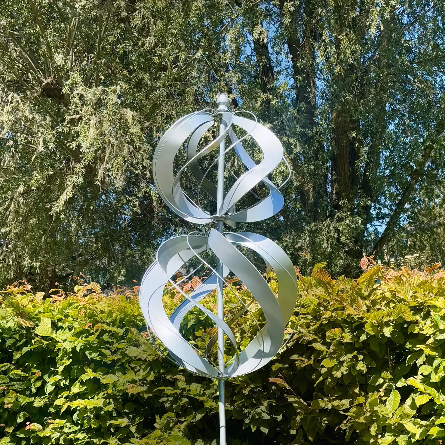 Primrose Two Sphere Metal Kinetic Wind Spinner in Silver, 45 cm – 2
