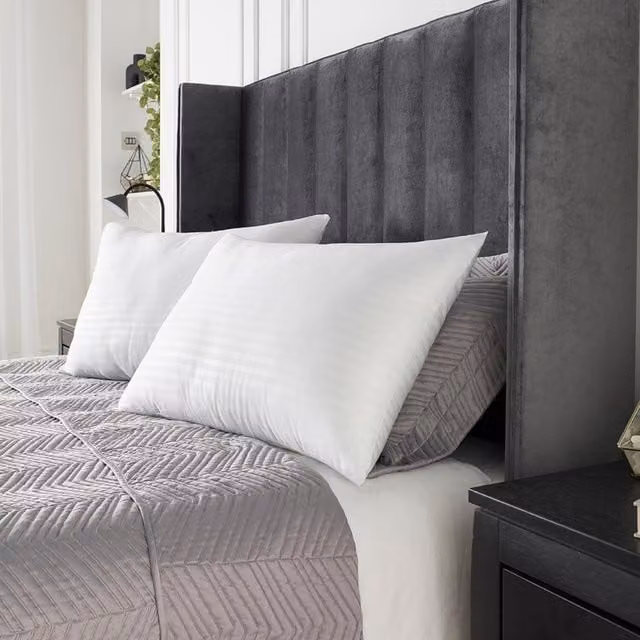 OHS Pack of 2 White Satin Stripe Hotel Pillows with Hollow Fibre and Microfibre Filling