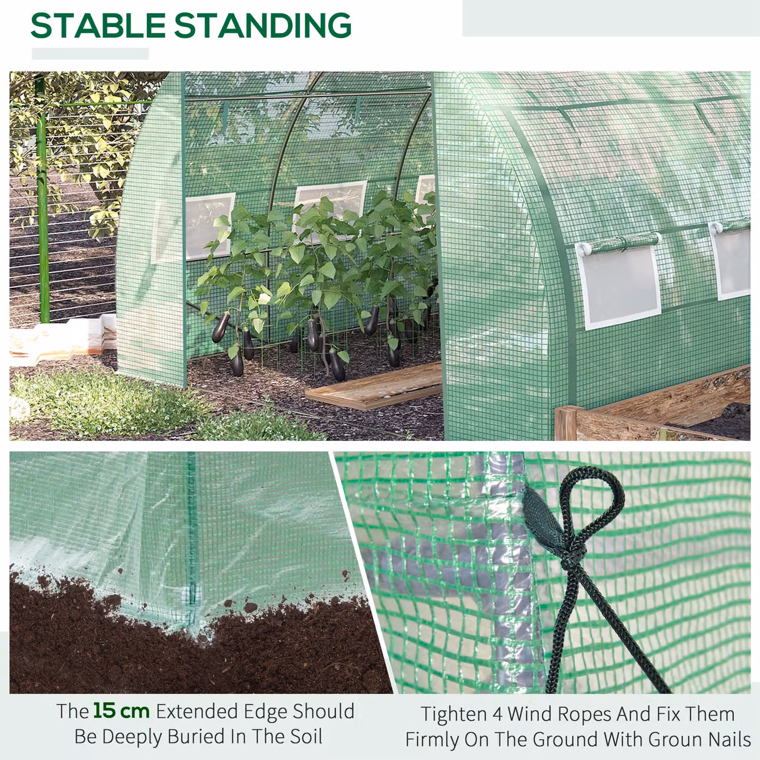 Outsunny Walk-in Polytunnel Greenhouse in Green with Roll-up Sidewalls, Zipped Door and 6 Ventilation Windows, W: 300 cm, D: 300 cm, H: 200 cm – 3