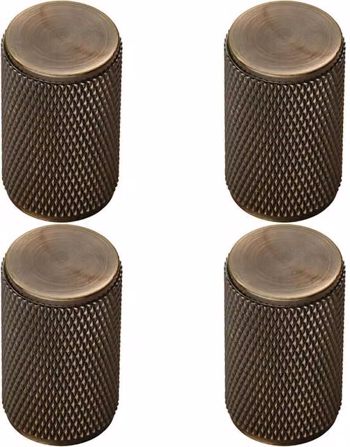 Loops 4 Pack Knurled Cylindrical Cupboard Door Knob in Antique Brass, 18mm Diameter – 3