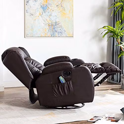 More4Homes Caesar Bonded Leather 10-in-1 Winged Recliner Chair with Heat, Massage, Rocking and 360 Swivel Function in Brown – 11