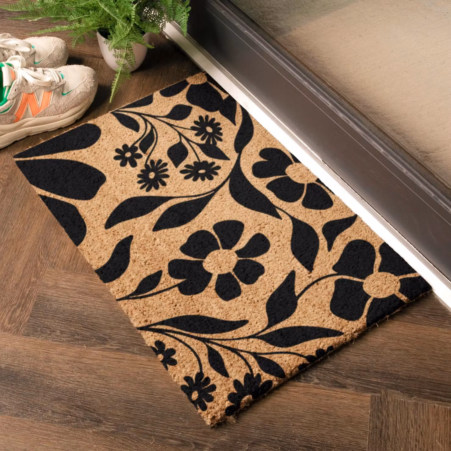 Artsy Mats Black Floral Pattern Coir Doormat in Brown, W/D: 60 x 40 cm – 2