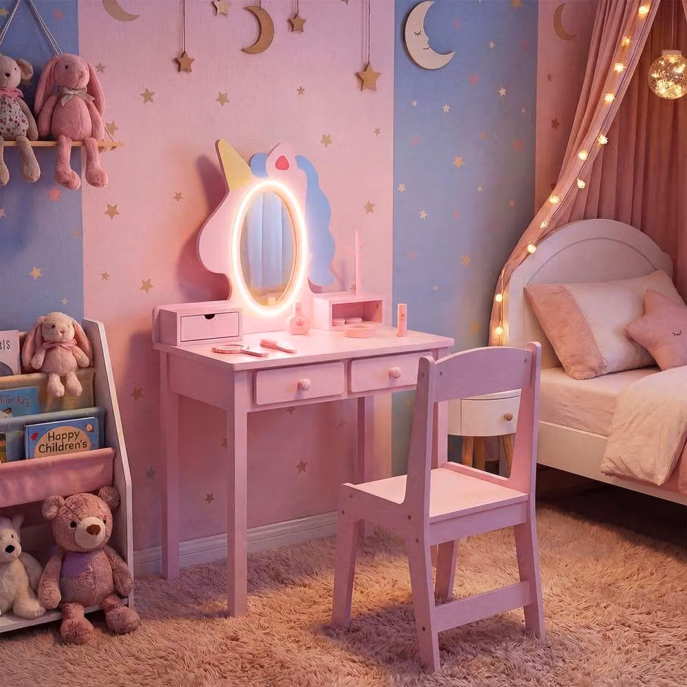 CASART Kids Vanity Set with Lighted Unicorn Mirror 2-in-1 Toddler Makeup Desk in Pink – 2