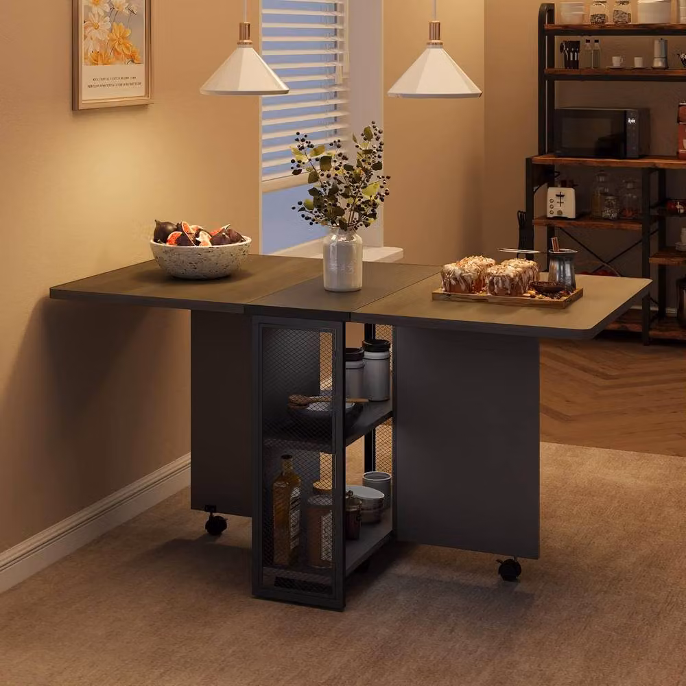 London Boutique Grey and White Mobile Drop Leaf Dining Table with Shelves and Castors – 6