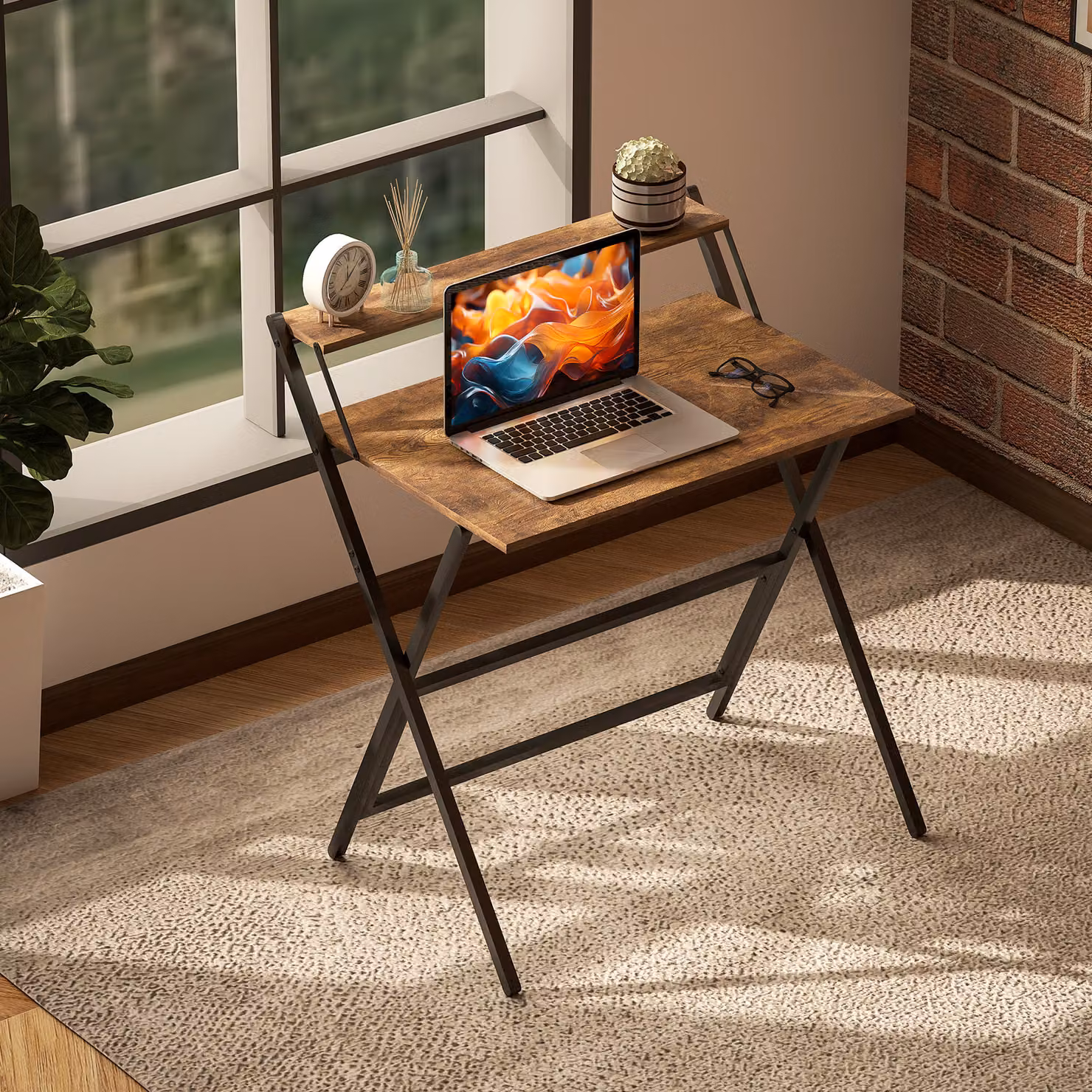 HOMCOM Folding Computer Desk with Monitor Shelf in Rustic Brown – 7