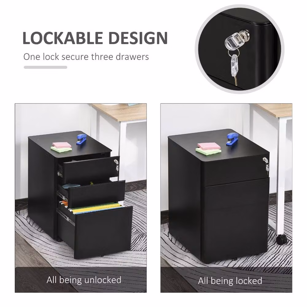 Rolipo Lockable 3-Drawer Steel Mobile Filing Cabinet for A4, Letter and Legal Documents in Black – 5