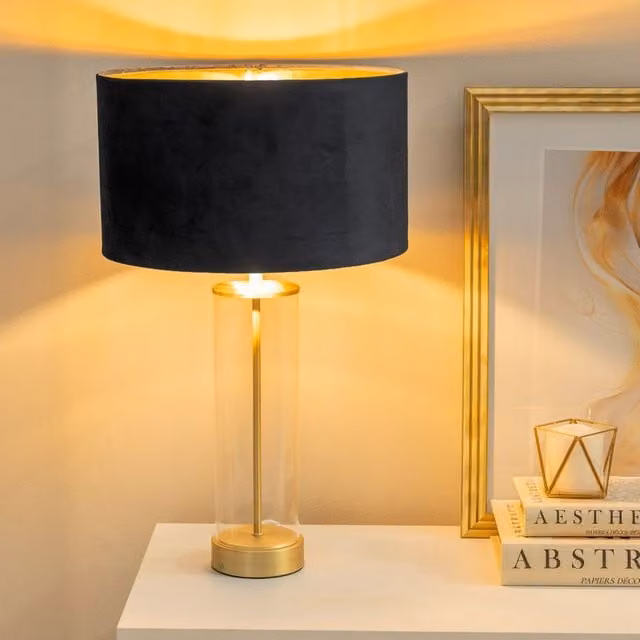 ValueLights Balan Glass and Gold Table Lamp with Black Velvet and Gold Inner Shade and Warm White LED Bulb