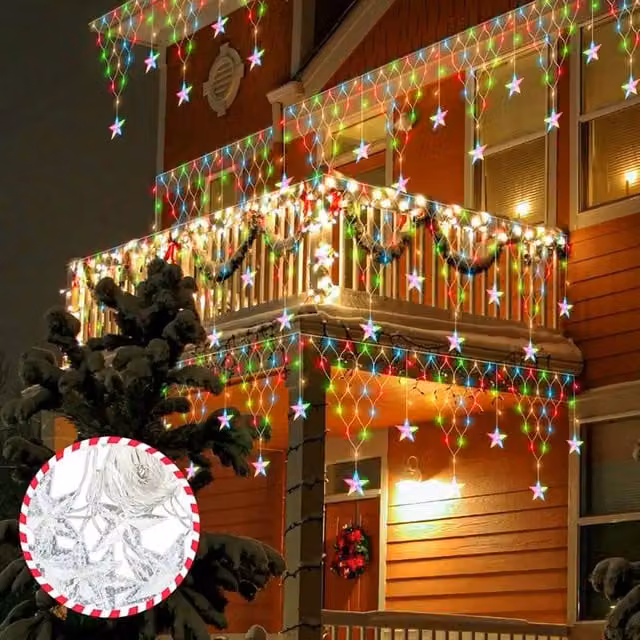 Living and Home Solar-Powered RGB LED Star Net Curtain Lights in Multicolour
