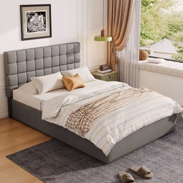 Rolipo Grey Upholstered Double Bed with Hydraulic Storage and Drawers, W/D/H: 135 x 190 x 137 cm – 1