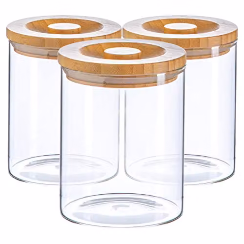 Argon Tableware Scandi Airtight Glass Storage Jars with Solid Wood Lids, 0.75 l, 3 Pack, Transparent