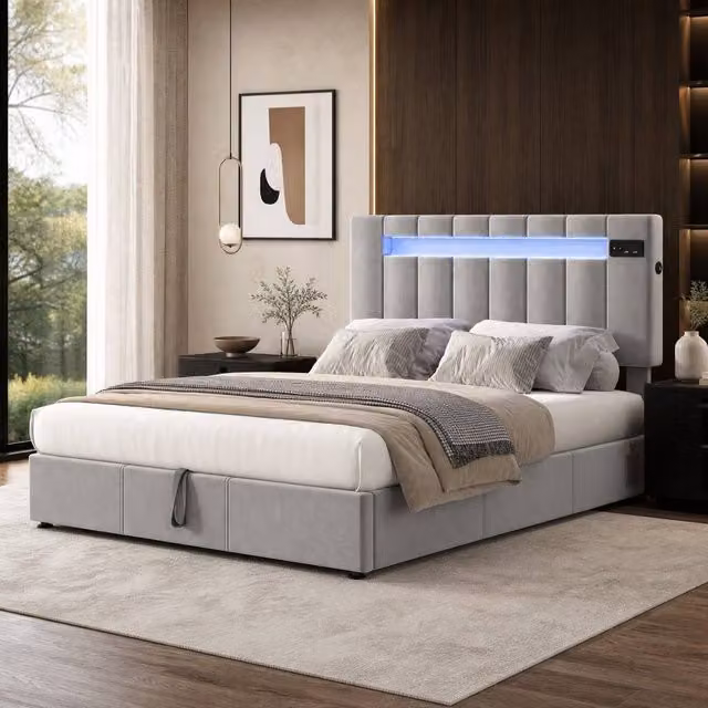 STILVORA Grey Upholstered Double Bed with Storage, USB Charging Port and Under-Bed Lighting, W/D/H: 150 x 200 x 43.5 cm
