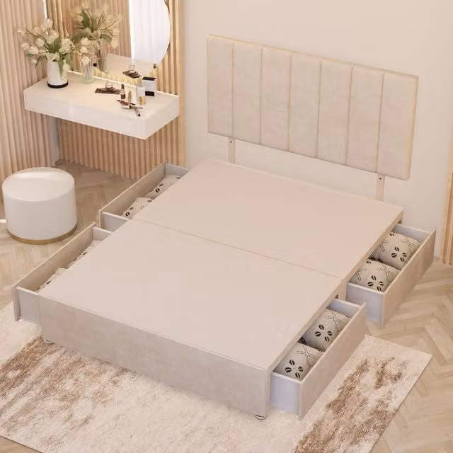 Somnior Beds Ltd Austin Upholstered Velvet Divan Bed Base with Storage Drawers in Ivory, W/D/H: 140 x 200 x 34.5 cm