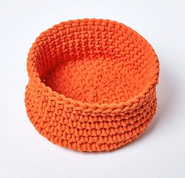 Homescapes Open Weave Cotton Knitted Round Storage Basket, Orange, 29l