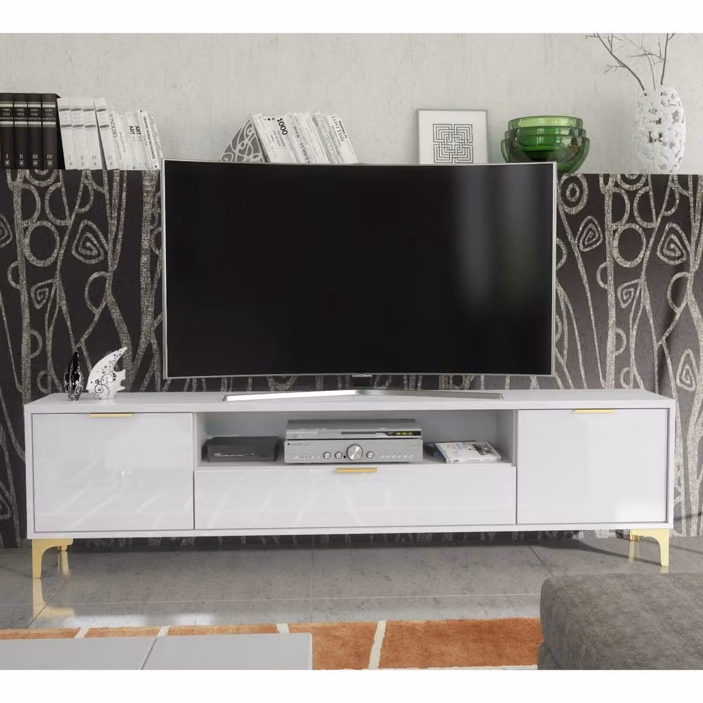 Mex Furniture LTD Goldline Glossy White and Gold TV Unit W: 200 cm – 3