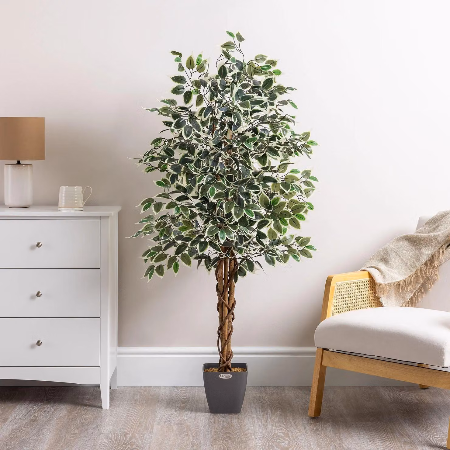 Christow Artificial Variegated Ficus Tree Realistic Faux House Plant in Green, Height: 90 cm – 2