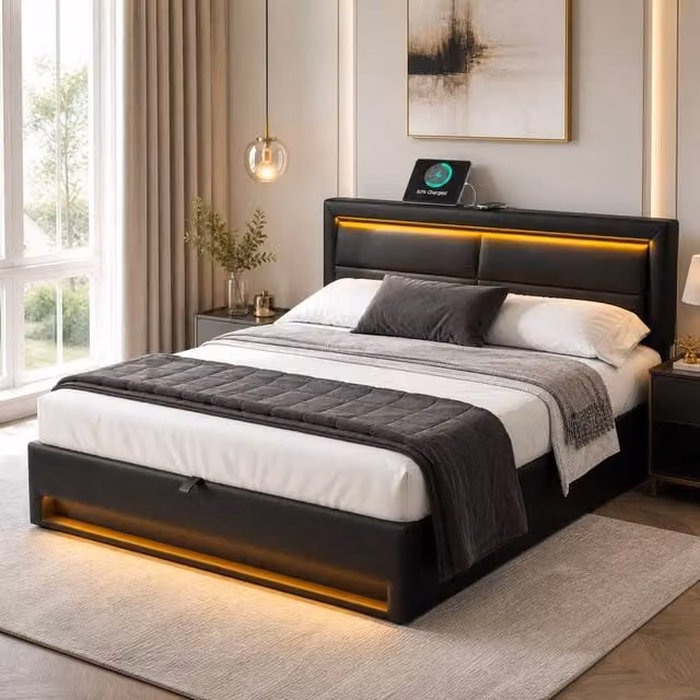 STILVORA Double Upholstered Bed in Black with USB Charging Ports, LED Lighting and Lift-Up Storage Base, W/D/H: 140 x 200 cm – 1