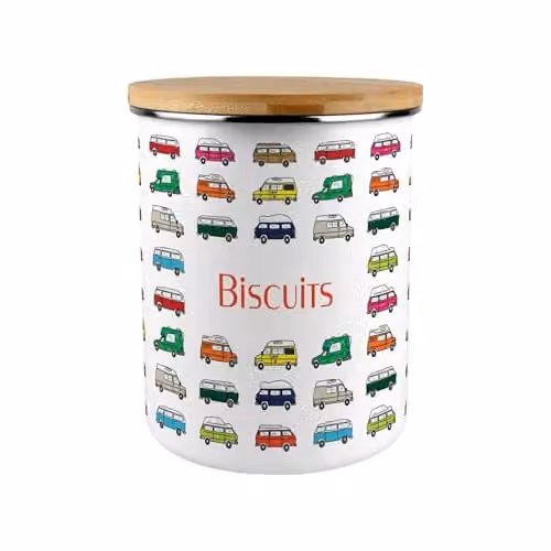 Purely Home Campervan Print Biscuit Storage Canister, 2.7 l, Multicolour Enamel with Bamboo Lid