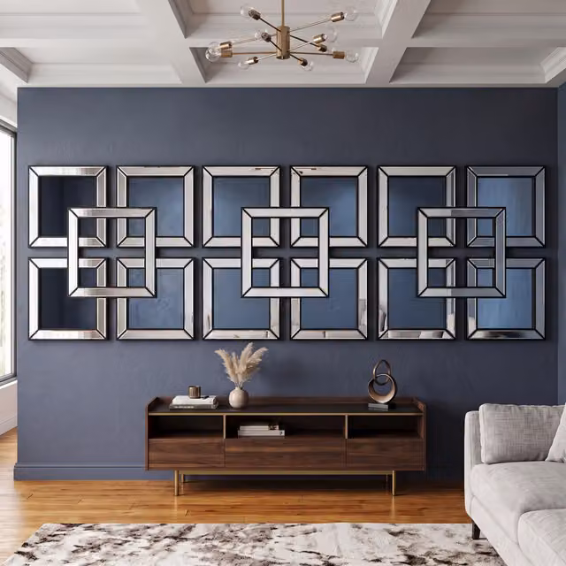DEENZ Set of 2 Black and Silver Art Deco Geometric Mirrored Wall Art, W/D/H: 40 x 40 x 40 cm