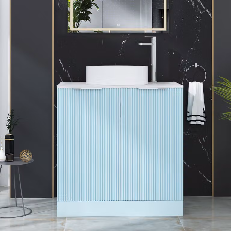 Royal Bathrooms Evora 800mm Powder Blue Fluted Floor Standing Countertop Vanity Unit with Art Deco Basin and 2 Soft Close Doors