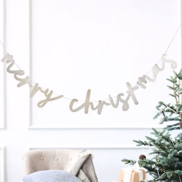 Club Green Merry Christmas Glitter Card Pennant Banner in Green and Multicolour, 2m