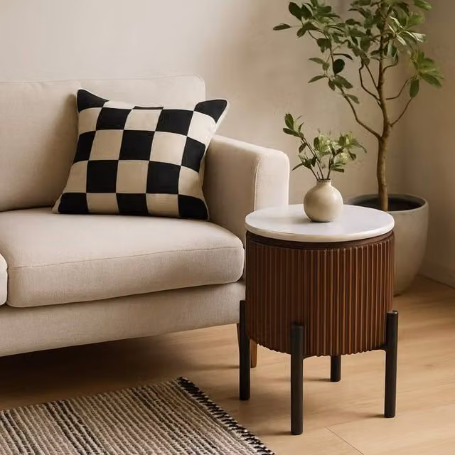 Wyld Haus Alabama Round Mango Wood Side Table with Marble Top and Metal Legs in Brown and Black, W/D/H: 35.0 x 35.0 x 45.0 cm – 1