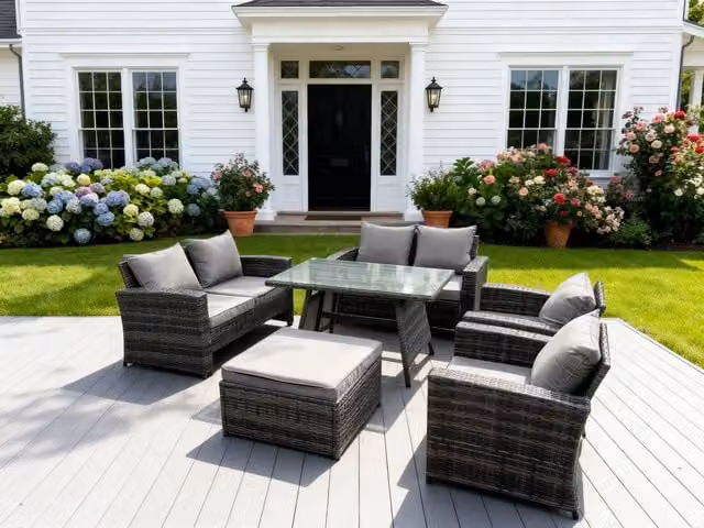 Fimous 7 Seater Dark Grey Rattan Outdoor Dining Set with High Back Sofa and Armchairs