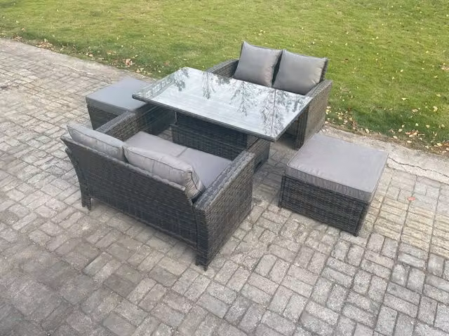 Fimous 5 Piece Grey Poly Rattan Garden Furniture Set with Height Adjustable Lifting Table and 2 Footstools