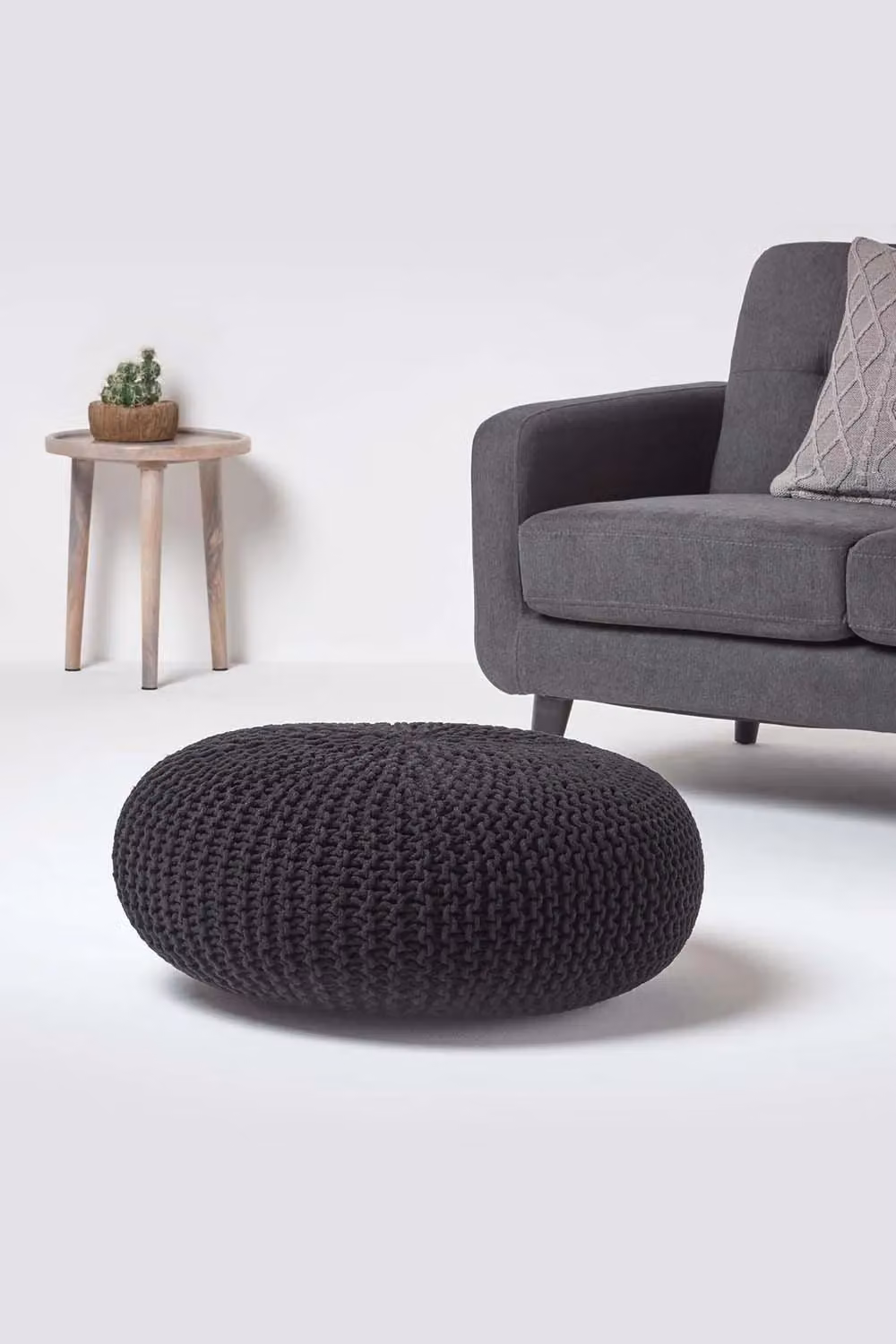 Homescapes Large Round Black Cotton Knitted Pouffe Footstool – 2
