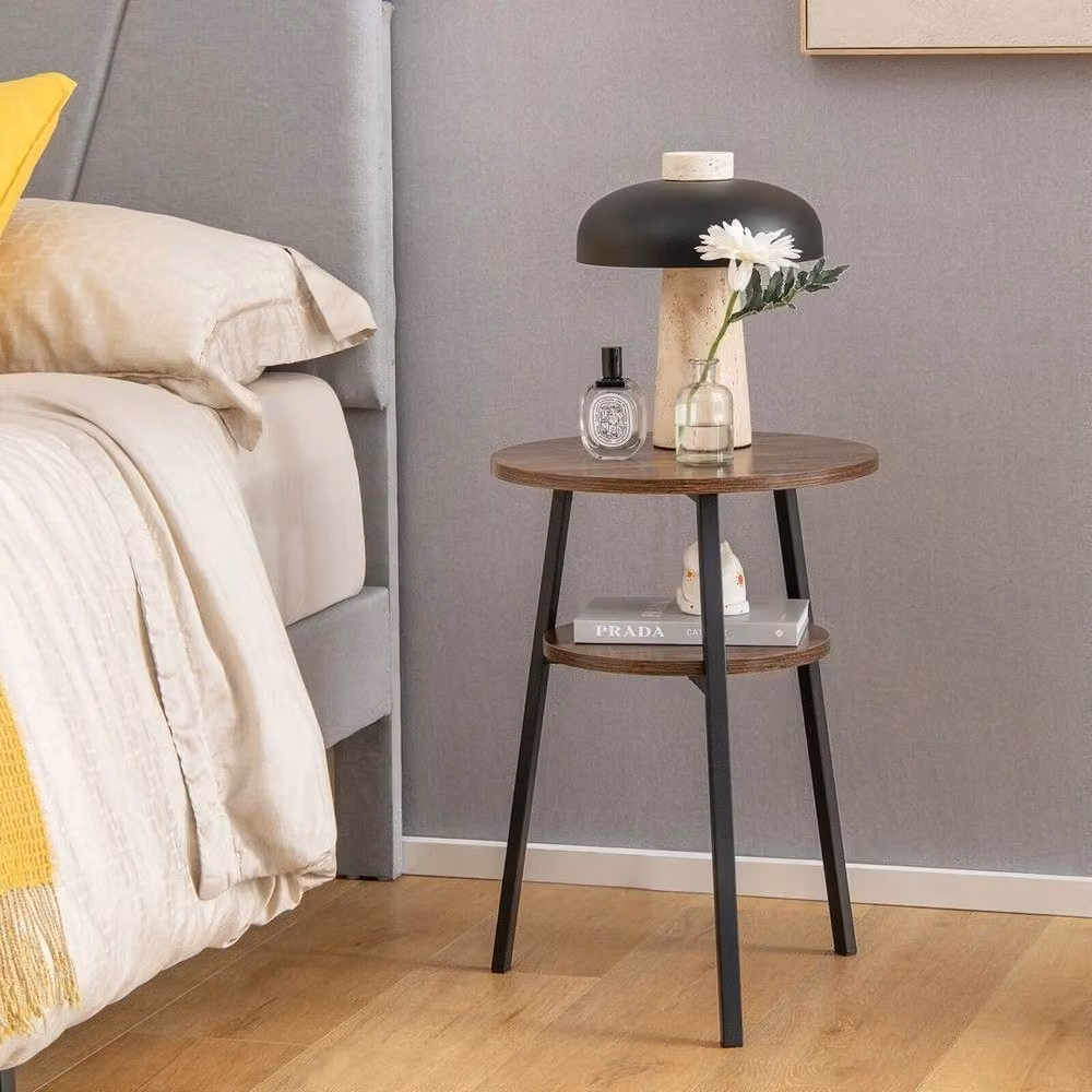 Havendro Round Wooden Side Table with Storage Shelf in Brown – 3