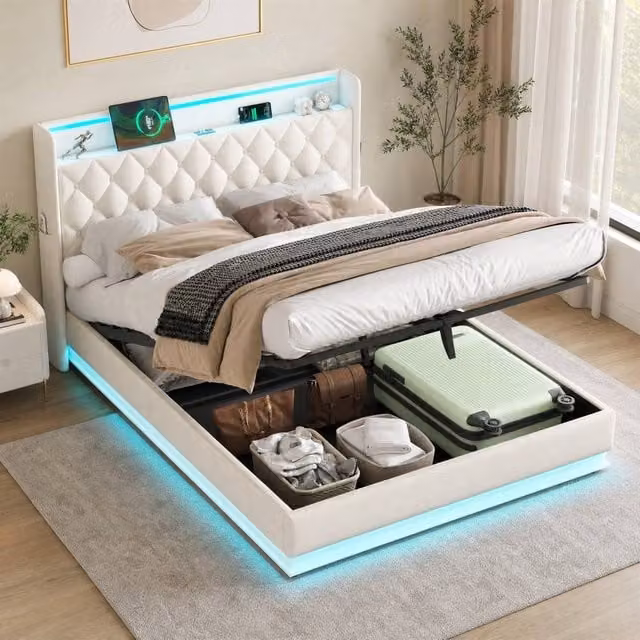STILVORA Double Ottoman Bed with Storage, LED Lighting and USB Ports in Beige, W/D/H: 140 x 200 x 113 cm – 1