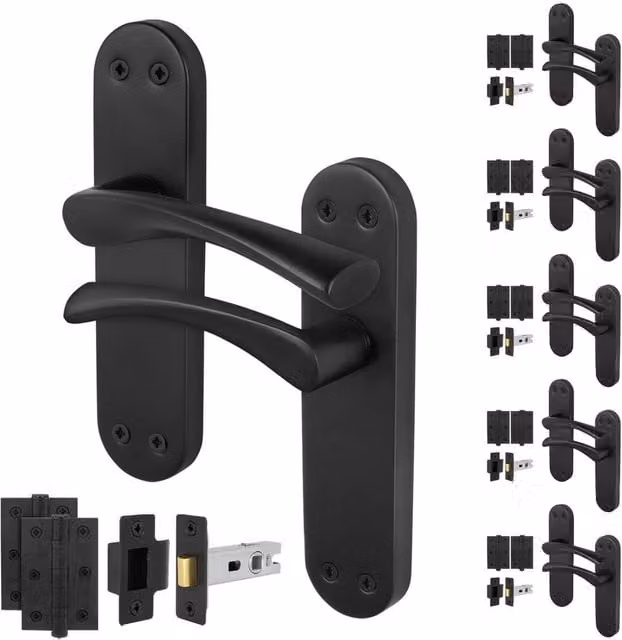 AFIT Black Matt T-Bar Handle Latch and Hinges Backplate Set, 6 Pairs, 150 x 150 mm